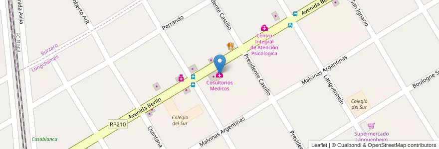 Mapa de ubicacion de Cosultorios Medicos en 阿根廷, 布宜诺斯艾利斯省, Partido De Almirante Brown, Longchamps.