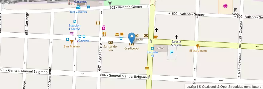 Mapa de ubicacion de Credicoop en Arjantin, Buenos Aires, Partido De Tres De Febrero, Caseros.
