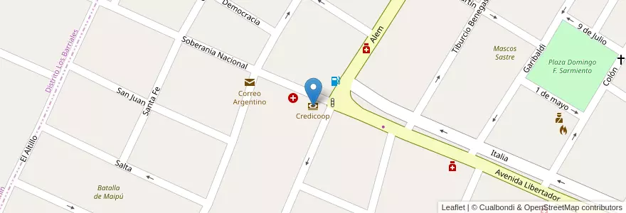Mapa de ubicacion de Credicoop en Arjantin, Şili, Mendoza, Departamento San Martín, Distrito Palmira.