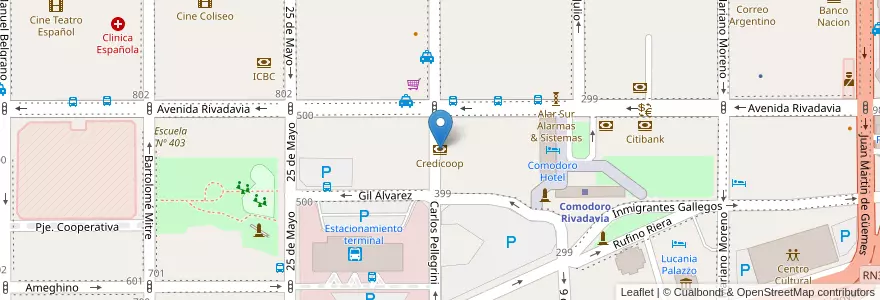 Mapa de ubicacion de Credicoop en Arjantin, Chubut, Departamento Escalante, Comodoro Rivadavia.