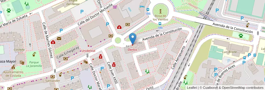 Mapa de ubicacion de Dentix en スペイン, マドリード州, Comunidad De Madrid, Área Metropolitana De Madrid Y Corredor Del Henares, Coslada.