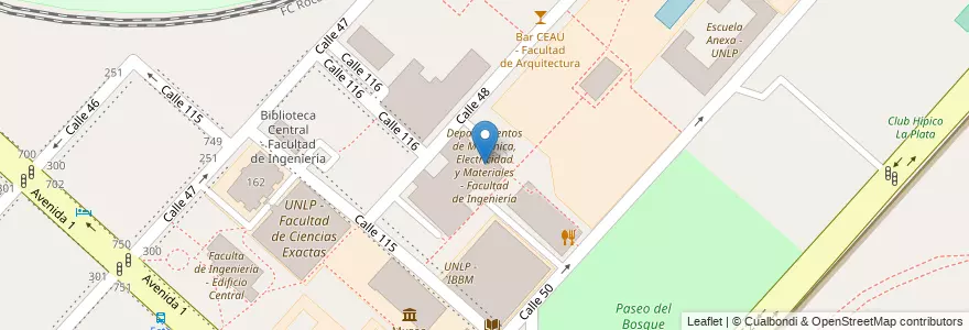 Mapa de ubicacion de Departamentos de Mecánica, Electricidad y Materiales - Facultad de Ingeniería, Casco Urbano en アルゼンチン, ブエノスアイレス州, Partido De La Plata, La Plata.