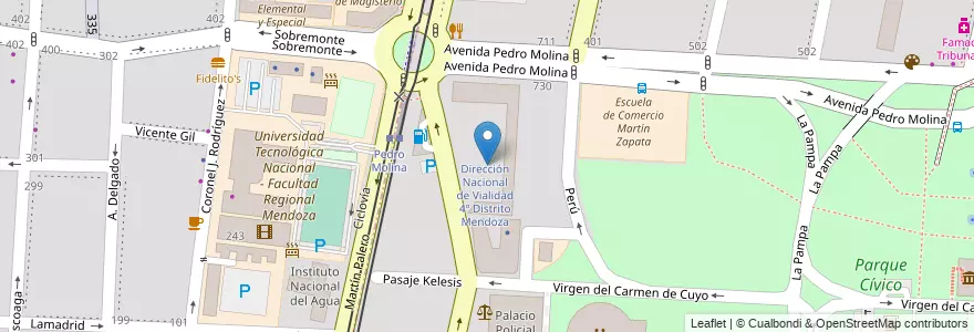 Mapa de ubicacion de Dirección Nacional de Vialidad 4º Distrito Mendoza en アルゼンチン, チリ, メンドーサ州, Departamento Capital, Sección 2ª Barrio Cívico, Ciudad De Mendoza.