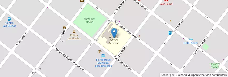 Mapa de ubicacion de E. E. P. N° 77 "J. Alfredo Ferreira" en アルゼンチン, チャコ州, Departamento Nueve De Julio, Las Breñas, Las Breñas.