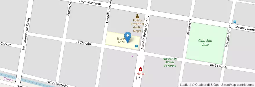 Mapa de ubicacion de Ecuela N° 80 Juan Pascual Pringles en 阿根廷, 智利, 内格罗河省, Municipio De Allen, Departamento General Roca.