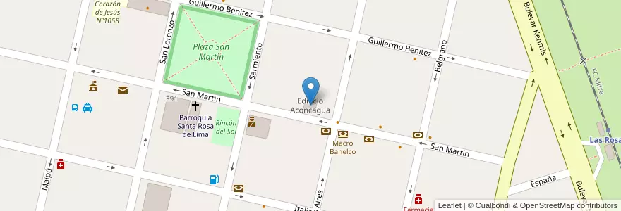 Mapa de ubicacion de Edificio Aconcagua en アルゼンチン, サンタフェ州, Departamento Belgrano, Municipio De Las Rosas.
