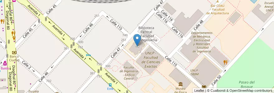 Mapa de ubicacion de Edificio Central Ciencias Exactas "Herrero Ducloux", Casco Urbano en アルゼンチン, ブエノスアイレス州, Partido De La Plata, La Plata.