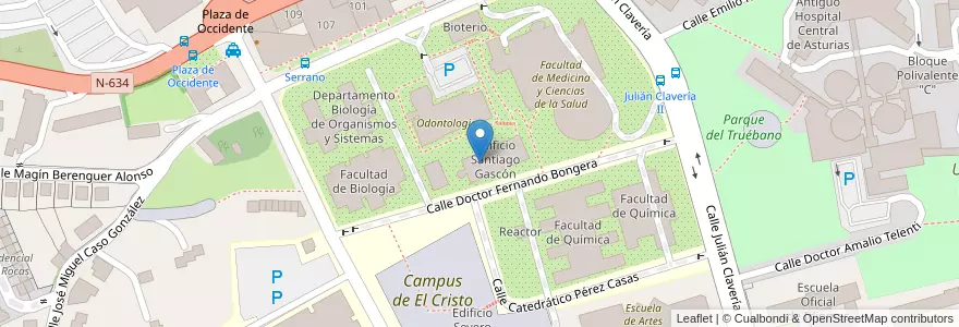 Mapa de ubicacion de Edificio S. Gascón (Dep. Bioquímica) en Spanje, Asturië, Asturië, Oviedo.