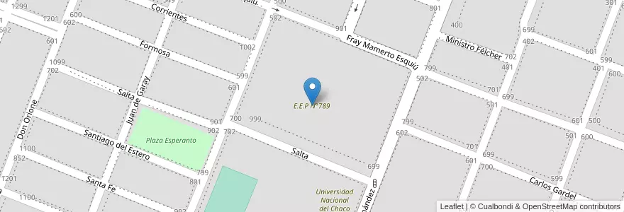 Mapa de ubicacion de E.E.P N°789 en アルゼンチン, チャコ州, Departamento Comandante Fernández, Municipio De Presidencia Roque Sáenz Peña, Presidencia Roque Sáenz Peña.