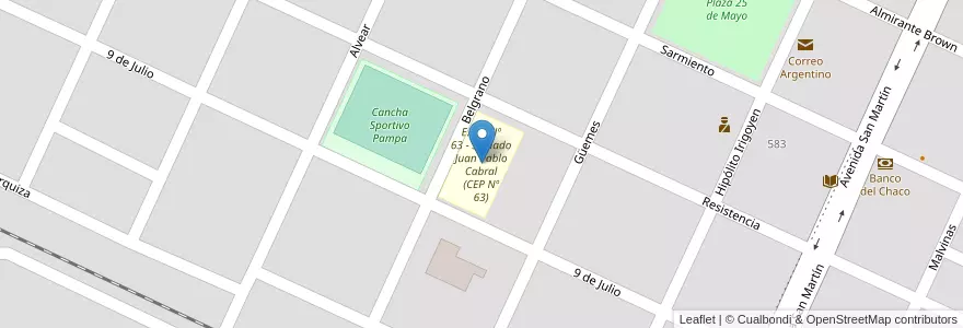 Mapa de ubicacion de E.E.S. Nº 63 - Soldado Juan Pablo Cabral (CEP Nº 63) en アルゼンチン, チャコ州, Almirante Brown, Municipio De Pampa Del Infierno, Pampa Del Infierno.