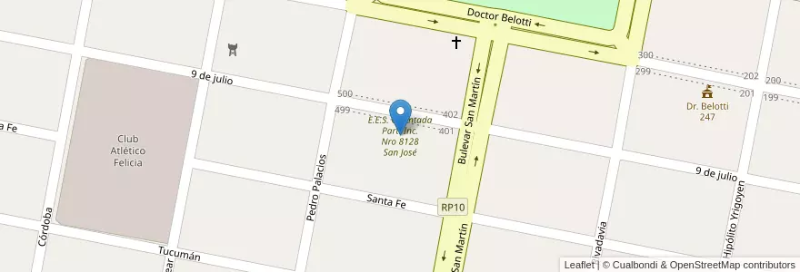 Mapa de ubicacion de E.E.S. Orientada Part. Inc. Nro 8128 San José en Arjantin, Santa Fe, Departamento Las Colonias, Municipio De Felicia, Felicia.