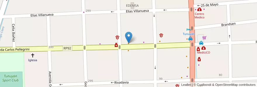 Mapa de ubicacion de El Bodegon de Uco en Arjantin, Şili, Mendoza, Departamento Tunuyán, Distrito Ciudad De Tunuyán.