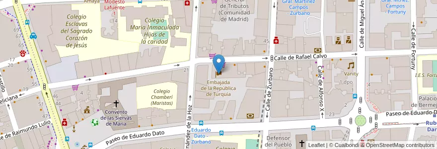 Mapa de ubicacion de Embajada de la República de Turquía en スペイン, マドリード州, Comunidad De Madrid, Área Metropolitana De Madrid Y Corredor Del Henares, Madrid.