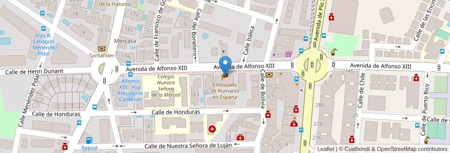 Mapa de ubicacion de Embajada de Rumanía en Espana en 西班牙, Comunidad De Madrid, Comunidad De Madrid, Área Metropolitana De Madrid Y Corredor Del Henares, Madrid.