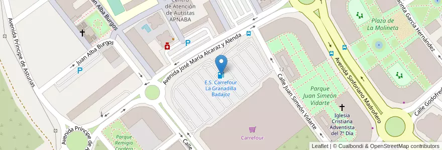 Mapa de ubicacion de E.S. Carrefour La Granadilla Badajoz en España, Extremadura, Badajoz, Tierra De Badajoz, Badajoz.