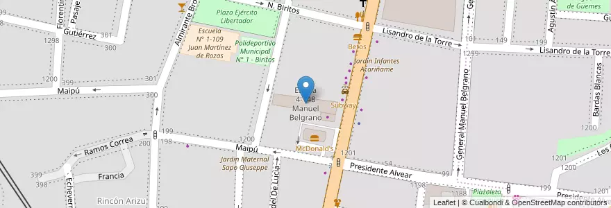 Mapa de ubicacion de Escela 4-148 Manuel Belgrano en Argentina, Cile, Mendoza, Godoy Cruz, Departamento Godoy Cruz, Distrito Ciudad De Godoy Cruz.