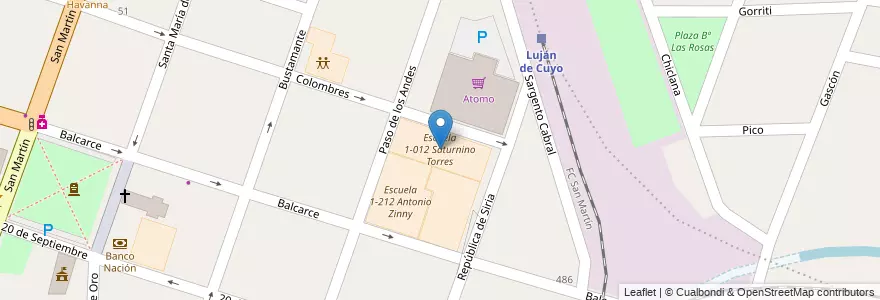 Mapa de ubicacion de Escuela 1-012 Saturnino Torres en Argentina, Cile, Mendoza, Departamento Luján De Cuyo, Luján De Cuyo, Distrito Ciudad De Luján De Cuyo.