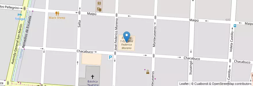 Mapa de ubicacion de Escuela 1-028 José Federico Moreno en Arjantin, Şili, Mendoza, Departamento Capital, Ciudad De Mendoza.