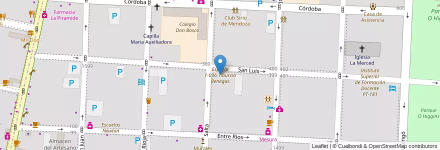 Mapa de ubicacion de Escuela 1-036 Tiburcio Benegas en アルゼンチン, チリ, メンドーサ州, Departamento Capital, Ciudad De Mendoza, Sección 3ª Parque O'Higgins.