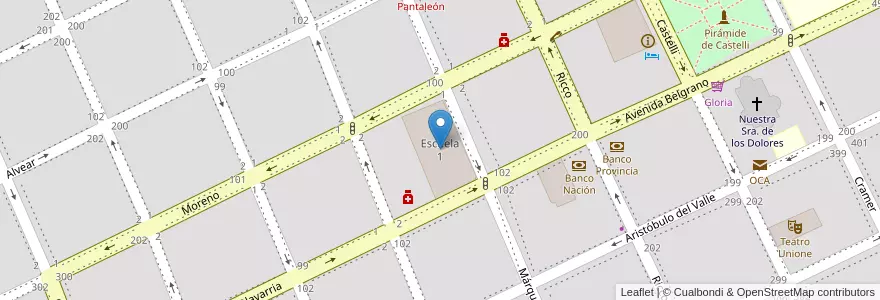 Mapa de ubicacion de Escuela 1 en Arjantin, Buenos Aires, Partido De Dolores, Dolores.