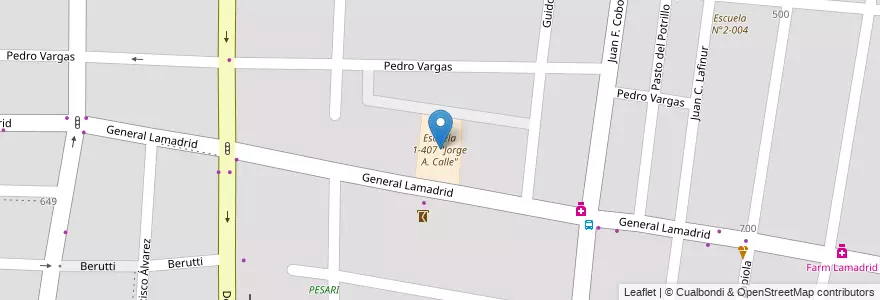 Mapa de ubicacion de Escuela 1-407 "Jorge A. Calle" en Arjantin, Şili, Mendoza, Departamento Guaymallén, Distrito Dorrego.
