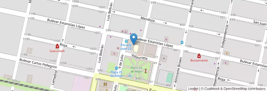 Mapa de ubicacion de Escuela 1024 Juan XXIII en Argentinië, Santa Fe, Departamento San Lorenzo, Municipio De Roldán, Roldán.