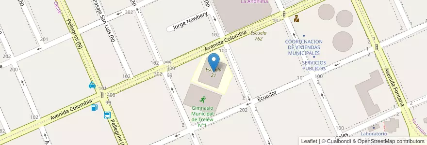 Mapa de ubicacion de Escuela 21 en Arjantin, Chubut, Trelew, Departamento Rawson.
