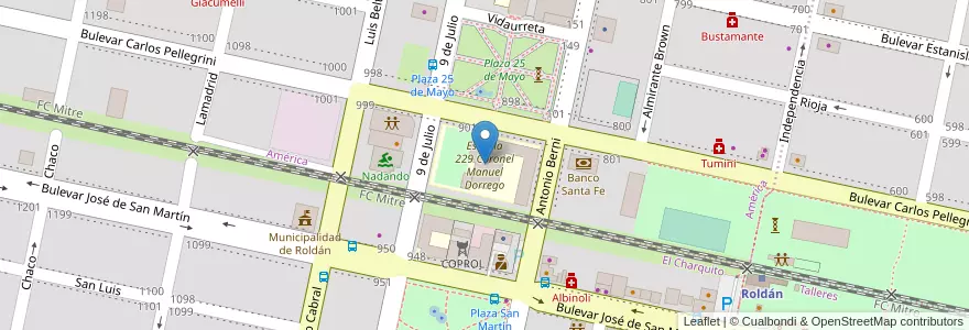 Mapa de ubicacion de Escuela 229 Coronel Manuel Dorrego en Arjantin, Santa Fe, Departamento San Lorenzo, Municipio De Roldán, Roldán.