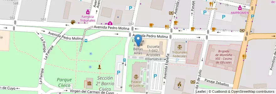 Mapa de ubicacion de Escuela 4-024 Bellas Artes en アルゼンチン, チリ, メンドーサ州, Departamento Capital, Sección 2ª Barrio Cívico, Ciudad De Mendoza.