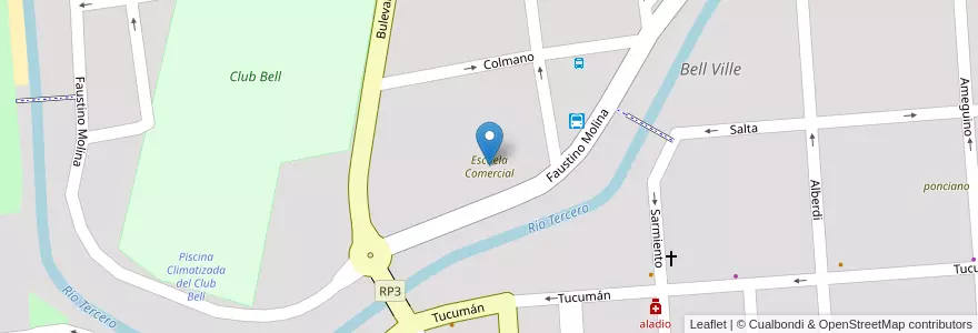 Mapa de ubicacion de Escuela Comercial en آرژانتین, Córdoba, Departamento Unión, Pedanía Bell Ville, Municipio De Bell Ville, Bell Ville.