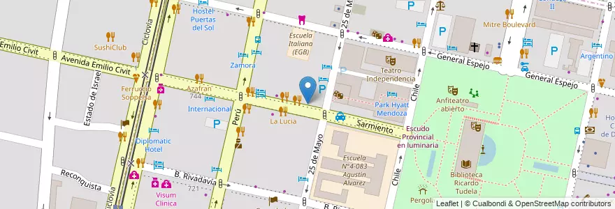 Mapa de ubicacion de Escuela Coro UNCuy en 阿根廷, 智利, Mendoza, Departamento Capital, Sección 2ª Barrio Cívico, Ciudad De Mendoza.