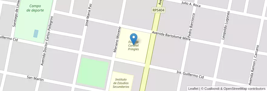 Mapa de ubicacion de Escuela Coronel Pringles en Argentinien, Provinz Córdoba, Departamento Río Segundo, Pedanía Oratorio De Peralta, Municipio De Santiago Temple, Santiago Temple.