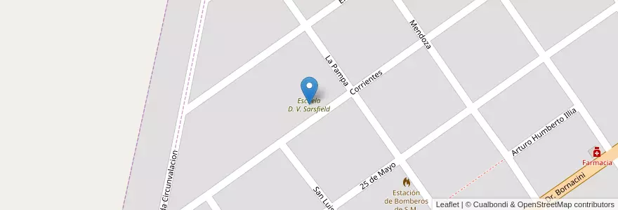 Mapa de ubicacion de Escuela D. V. Sarsfield en アルゼンチン, コルドバ州, Departamento San Justo, Pedanía Juárez Celman, Municipio De Saturninio María Laspiur, Saturnino M. Laspiur.