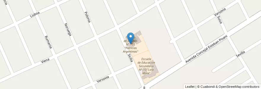 Mapa de ubicacion de Escuela de Adultos N° 705 "Patricias Argentinas" en 阿根廷, 布宜诺斯艾利斯省, Partido De Florencio Varela, Villa Santa Rosa.
