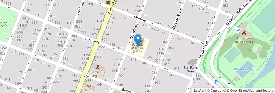 Mapa de ubicacion de Escuela de Artes Visuales N°501 en Arjantin, Buenos Aires, Partido De Pergamino.