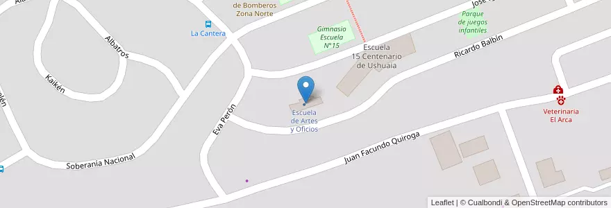Mapa de ubicacion de Escuela de Artes y Oficios en アルゼンチン, Departamento Ushuaia, チリ, ティエラ・デル・フエゴ州, Ushuaia.