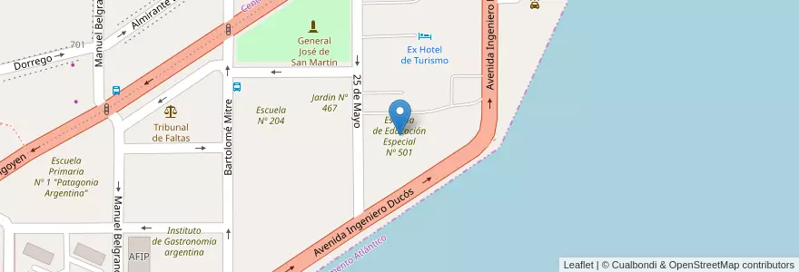 Mapa de ubicacion de Escuela de Educación Especial Nº 501 en Аргентина, Чубут, Departamento Atlántico, Comodoro Rivadavia.