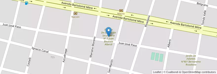 Mapa de ubicacion de Escuela De Educación Secundaria Nº 1 Juan Bautista Alberdi en 아르헨티나, 부에노스아이레스주, Partido De Carmen De Areco, Carmen De Areco.