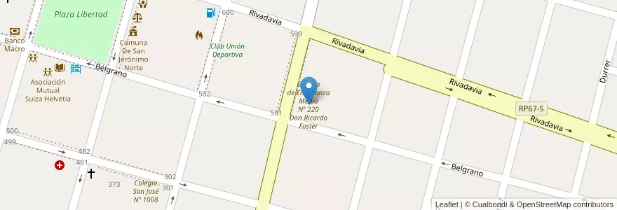 Mapa de ubicacion de Escuela de Enseñanza Media Nº 220 Don Ricardo Foster en Argentinien, Santa Fe, Departamento Las Colonias, Municipio De San Jerónimo Norte, San Jerónimo Norte.