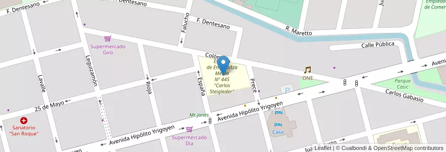 Mapa de ubicacion de Escuela de Enseñañza Media Nº 445 "Carlos Steigleder" en آرژانتین, سانتافه, Departamento Castellanos, Municipio De Sunchales.