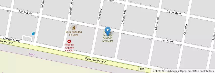Mapa de ubicacion de Escuela Domingo Faustino Sarmiento en アルゼンチン, コルドバ州, Departamento Marcos Juárez, Pedanía Colonias, Comuna De Saira, Saira.