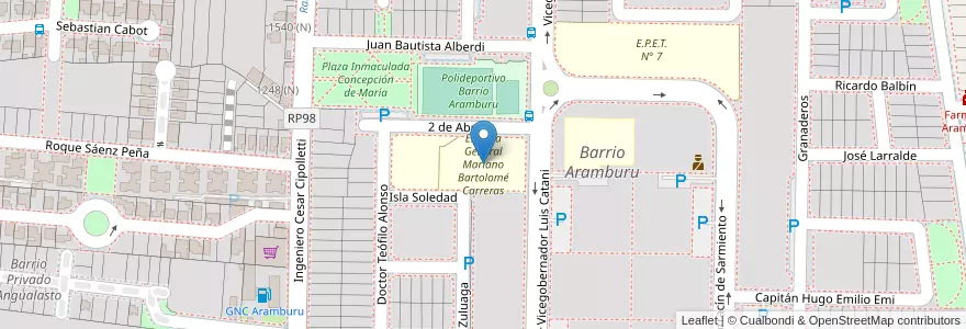 Mapa de ubicacion de Escuela General Mariano Bartolomé Carreras en Arjantin, San Juan, Şili, Rivadavia.