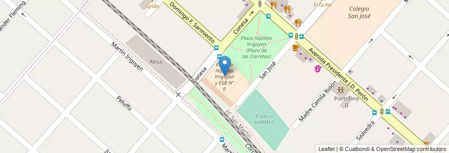 Mapa de ubicacion de Escuela Hipólito Yrigoyen y ESB Nº 6 en アルゼンチン, ブエノスアイレス州, Partido De San Miguel, Muñiz.