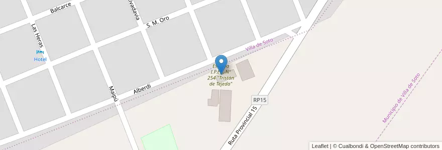 Mapa de ubicacion de Escuela I.P.E.T. Nº 254 "Tristán de Tejeda" en 阿根廷, Córdoba, Departamento Cruz Del Eje, Pedanía Higueras, Municipio De Villa De Soto.
