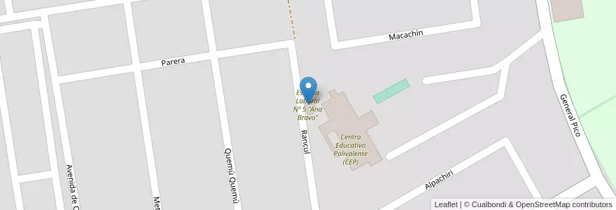 Mapa de ubicacion de Escuela Laboral Nº 5 "Ana Bravo" en Argentina, Chile, La Pampa, Veinticinco De Mayo, Departamento Puelén, Municipio De Veinticinco De Mayo.