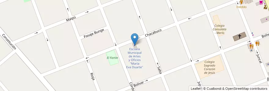 Mapa de ubicacion de Escuela Municipal de Artes y Oficios "María Eva Duarte" en アルゼンチン, ブエノスアイレス州, Partido De Merlo, Merlo.