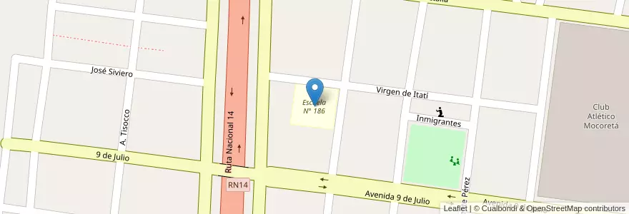 Mapa de ubicacion de Escuela N° 186 en アルゼンチン, コリエンテス州, Departamento Monte Caseros, Municipio De Mocoretá.