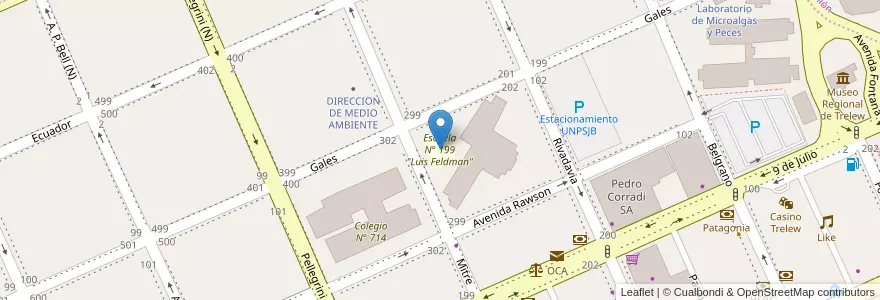 Mapa de ubicacion de Escuela N° 199 "Luis Feldman" en Arjantin, Chubut, Trelew, Departamento Rawson.
