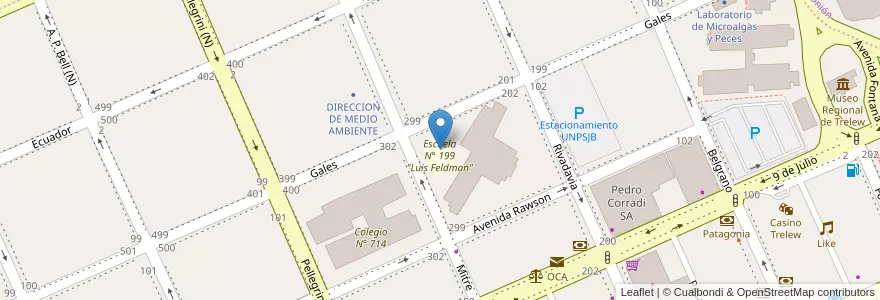 Mapa de ubicacion de Escuela N° 199 en 아르헨티나, Chubut, Trelew, Departamento Rawson.
