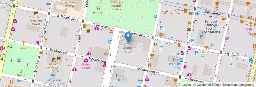 Mapa de ubicacion de Escuela N° 9-002 Tomás Godoy Cruz en アルゼンチン, チリ, メンドーサ州, Departamento Capital, Sección 2ª Barrio Cívico, Ciudad De Mendoza.